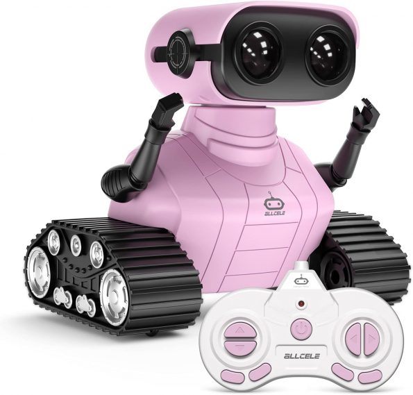 ALLCELE Girls Robot Toy, Rechargeable RC Robot for Kids, Remote Control Toy with Music and LED Eyes, Gift for Children Age 3 Years and Up – Pink