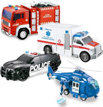 JOYIN 4 Packs Emergency Vehicle Toy Playsets, Friction Powered Vehicles with Light... JOYIN 4 Packs Emergency Vehicle Toy Playsets, Friction Powered Vehicles with Light...
